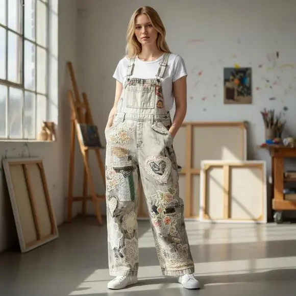 Handmade Up-cycled Magnolia Pearl inspired quilted Miner Overalls NWT - Picture 1 of 16